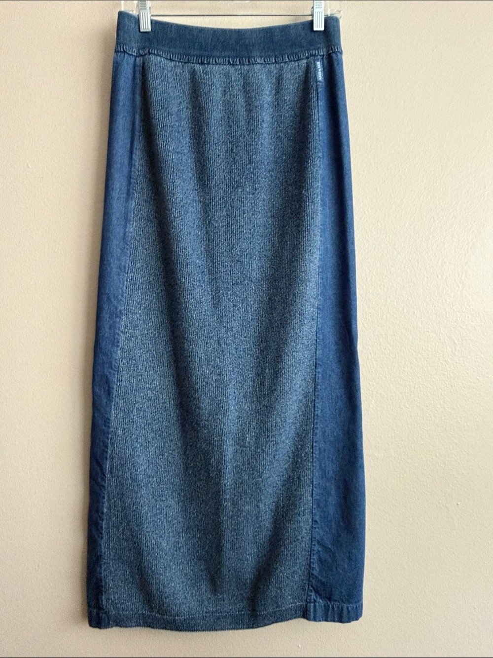 VTG Blue Willi’s Denmark Denim Knit Panel Maxi Skirt M Cottagecore